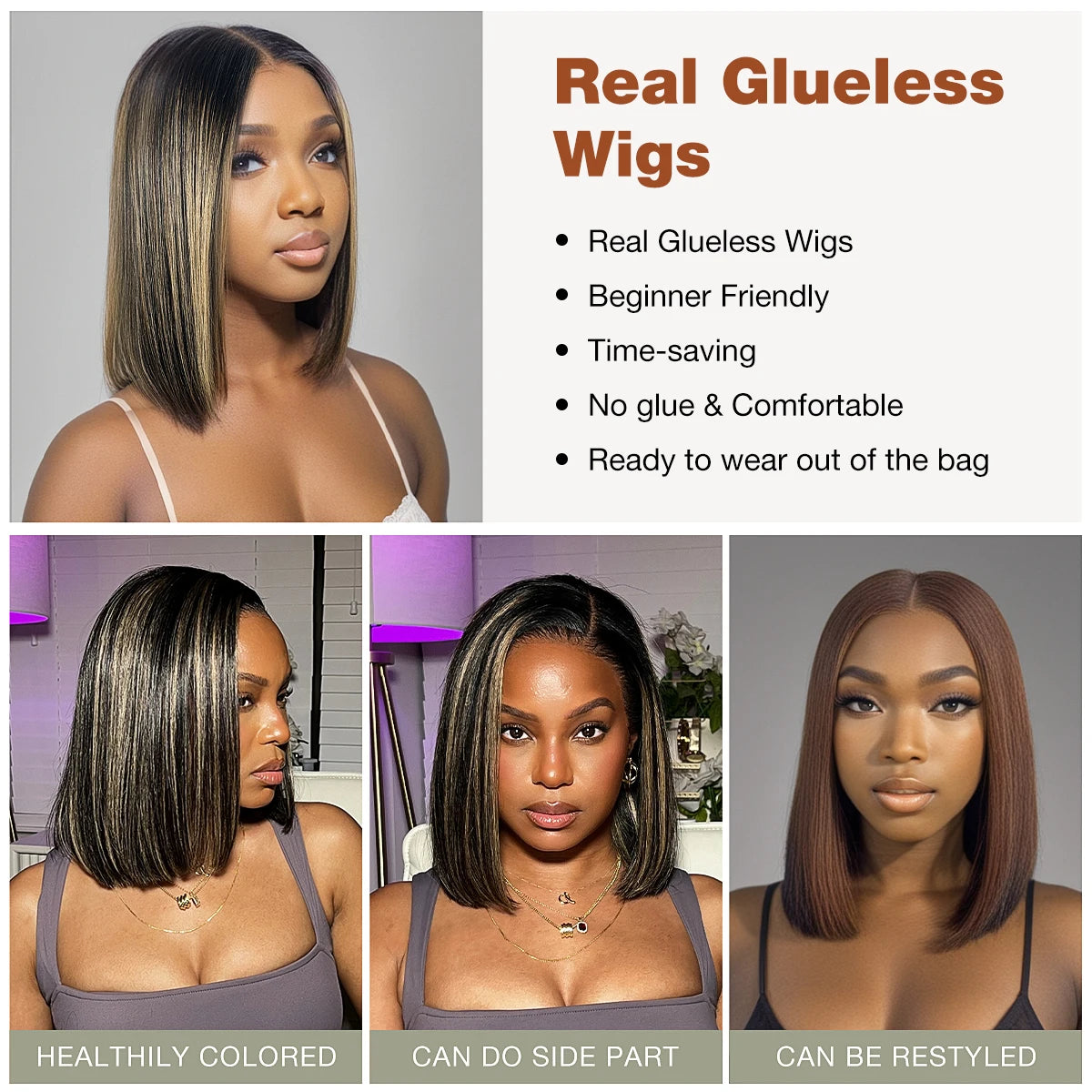 Wear and Go Glueless Bob Wigs Human Hair Pre Plucked Pre Cut P1b/27 10 IN 5x5 HD Lace Closure Wig Highlight 100% Human Hair Wigs