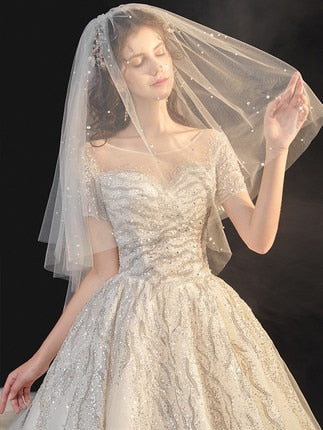 Bridal Dress Sweep Train Back Lace Up Sequins Elegant Wedding Dress