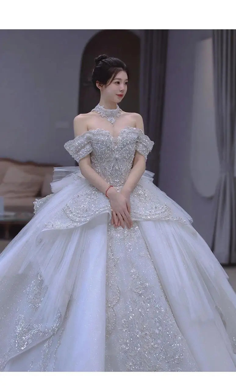 Off The Shoulder Handmade Appliques With Beading Princess Ball Gowns