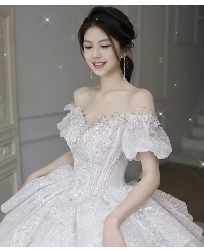 Bridal Dress Off The Shoulder Boat Neck With Bow Sequins Sweep Train