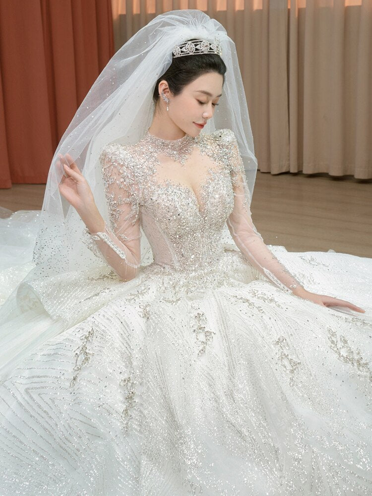 Luxury New O-neck Wedding Dress Long Sleeve Lace Applique Bridal Ball Gown Sweep Train