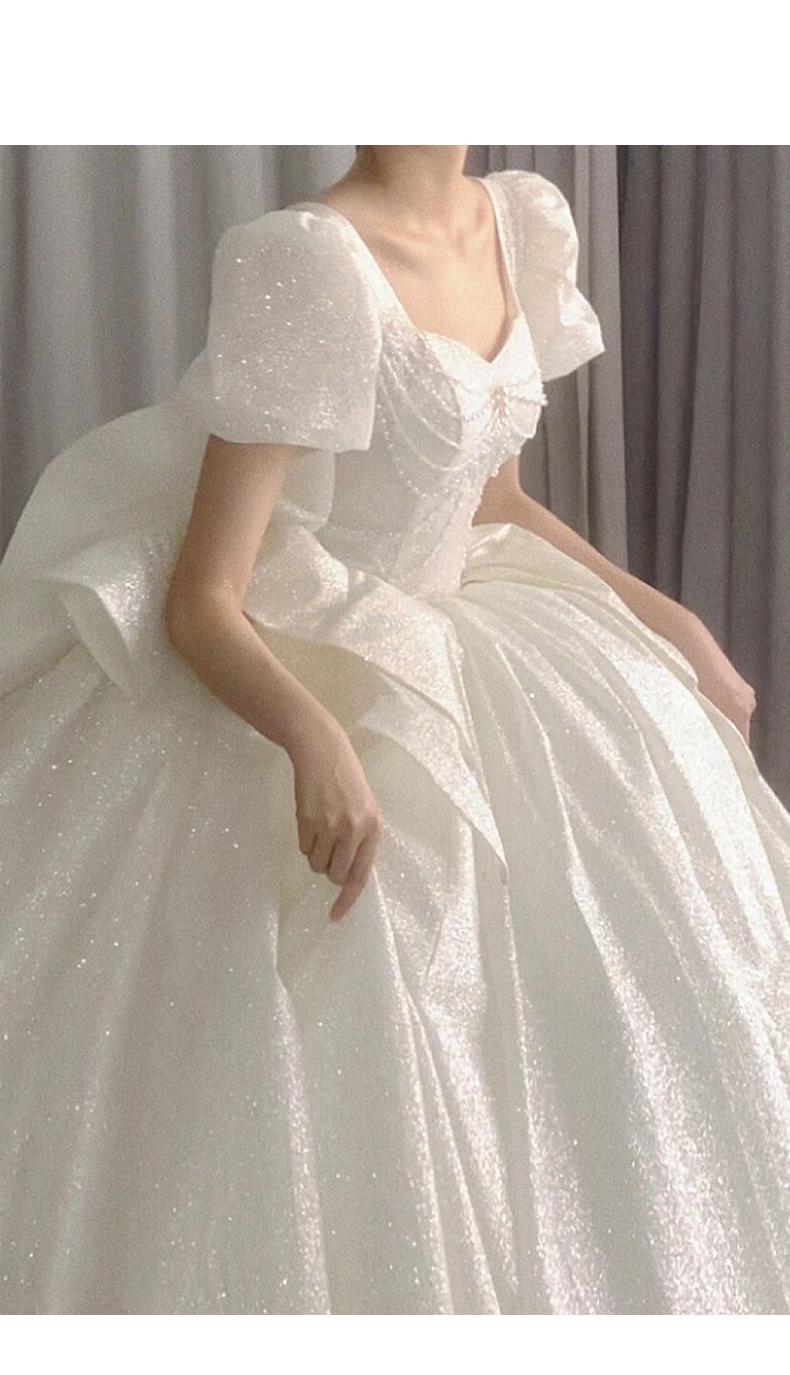 Sweetheart Beading Pearls Puff Sleeve Big Butterfly Back Lace Up Wedding Gowns