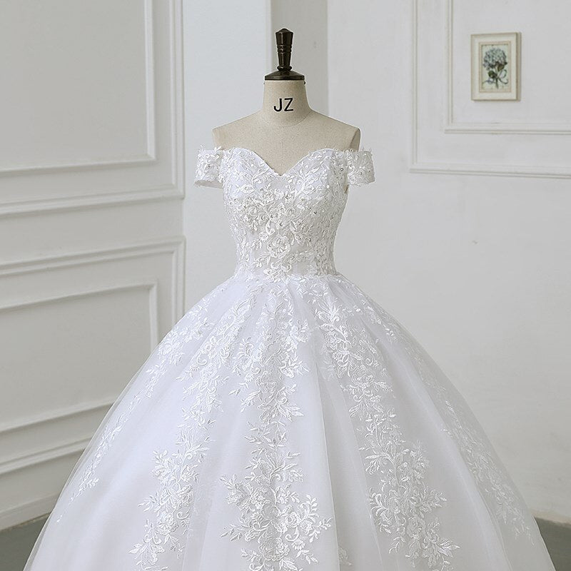 Luxury Applique Wedding Dress Off The Shoulder Lace Bridal Gown With Train Ball Gown