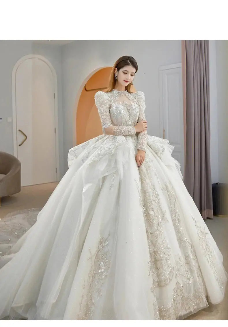 Winter Retro Vintage Wedding Dress For Bridals Long Sleeve Lace Appliques Beading Princess Ball Gown