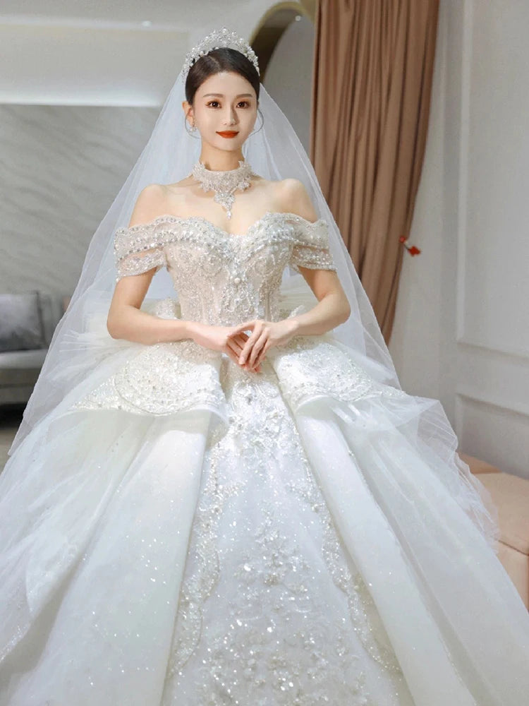 Off The Shoulder Handmade Appliques With Beading Princess Ball Gowns