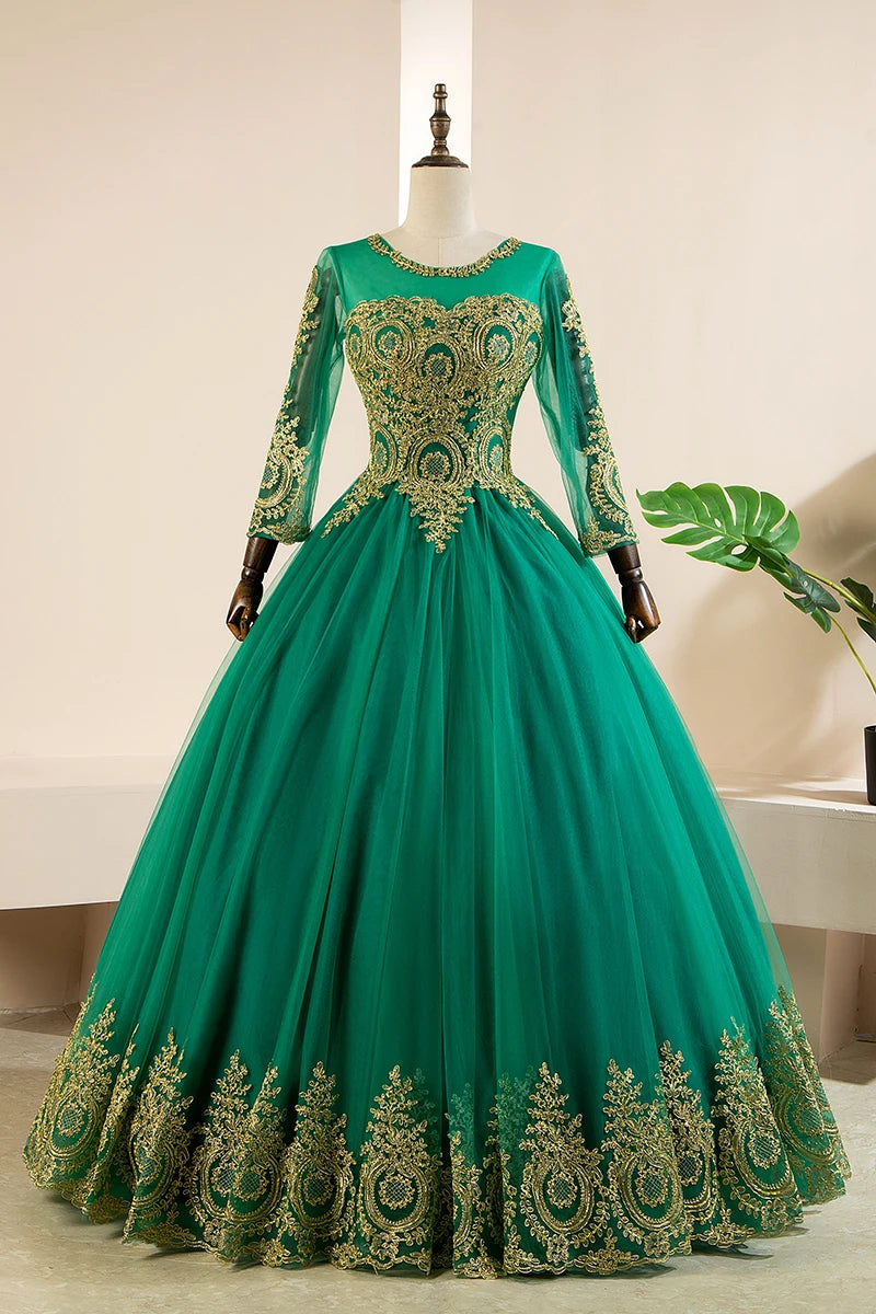 Long Sleeve Quinceanera Dresses Black With Gold Appliques Lace Prom Ball Gown
