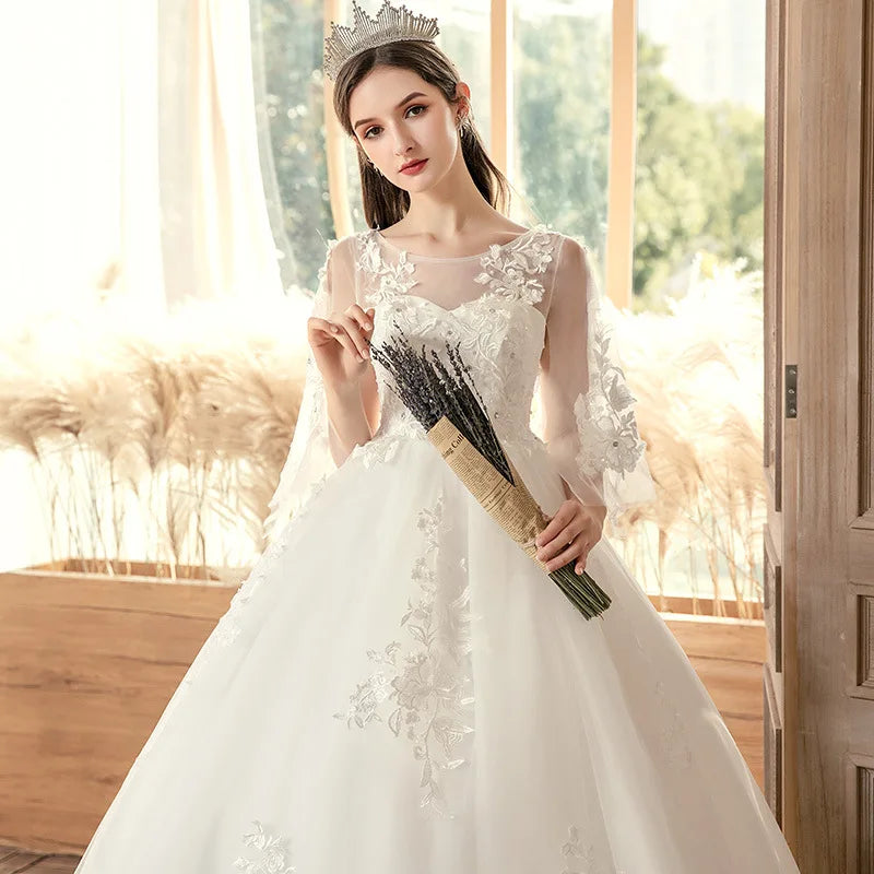 White Ball Gown Women Wedding Dresses Appliques Tulle Scoop Bridal Gowns