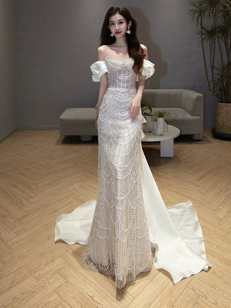 White Shiny Beading Evening Dresses Gorgeous Mermaid Host Light