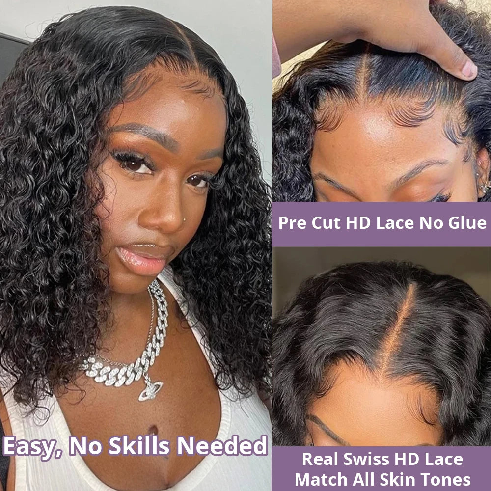Pre Cut No Glue Water Wave 13x4 Bob Wigs Curly 7x5 Glueless Wig Human Hair Ready To Go