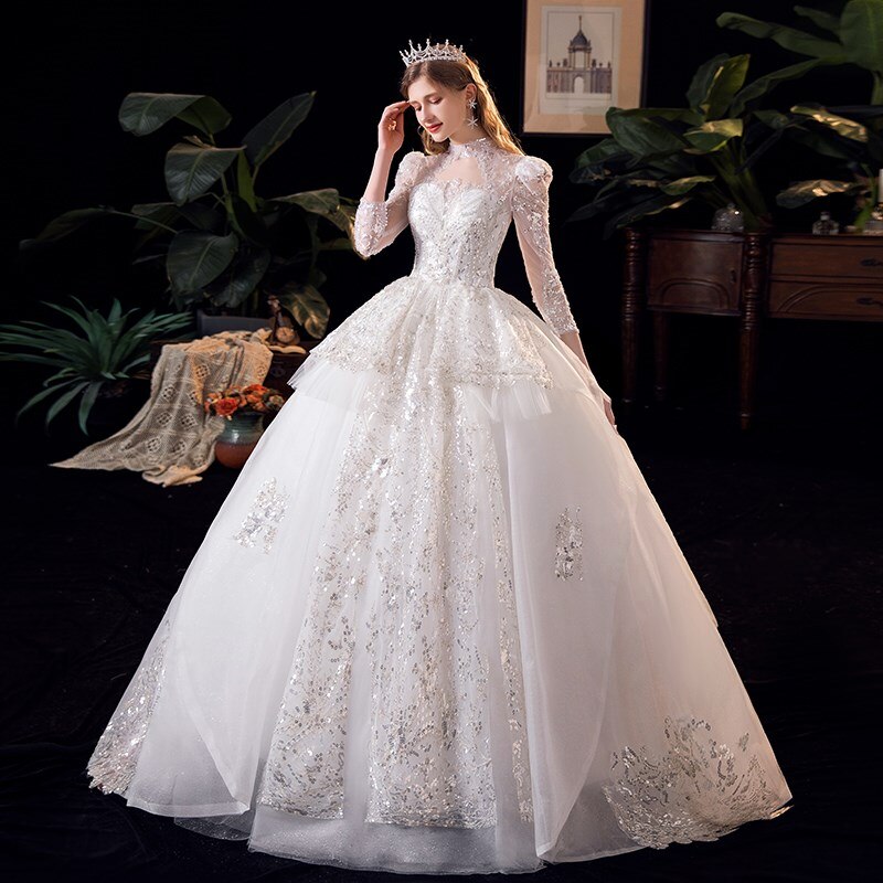 Luxury Long Sleeve Beading High Waist Wedding Gowns