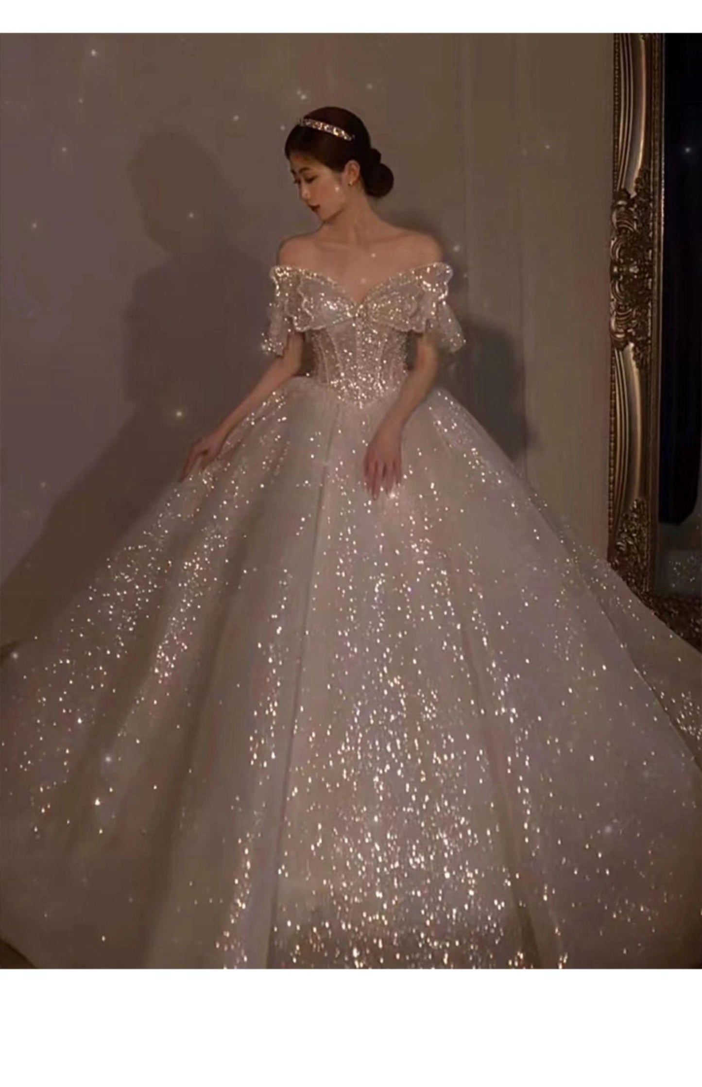 Strapless Wedding Dress Off The Shoulder With Bow Glittery Lace