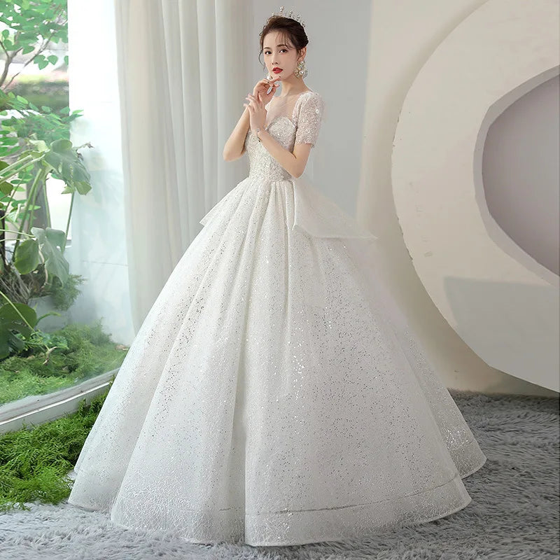Bling Bling Ball Gown Women Wedding Dresses Sequins Short Sleeves