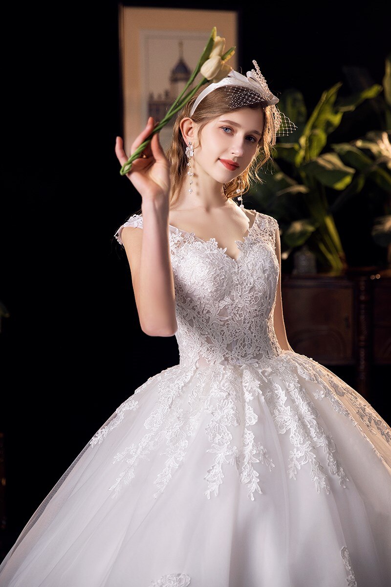 Lace V-neck Sweep Train Wedding Gowns Sleeveless Embroidery Bridal Dress