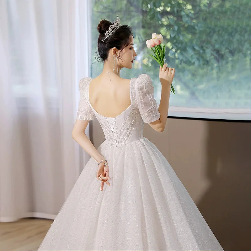 White Women Wedding Dresses Short Sleeves Sequins Pearls Ball Gown