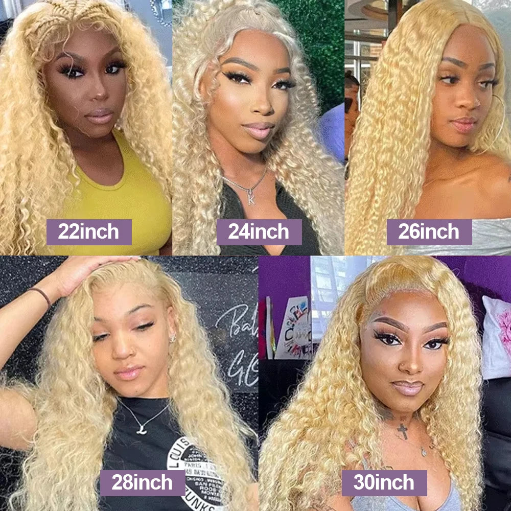 220% Curly 613 Honey Blonde 13x6 HD Brazilian Transparent 13x4 Lace Frontal Deep Wave Wig For Women