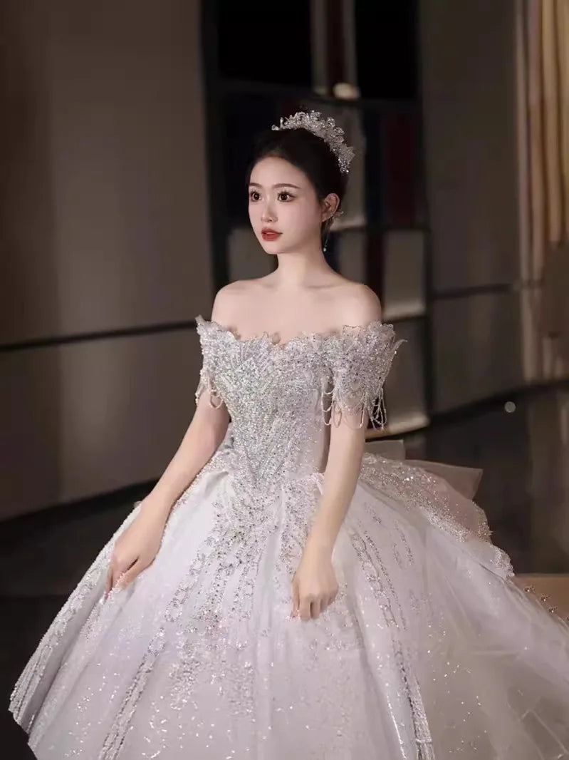 Boat Neck Handmade Beading Exquisite Off The Shoulder Princess Ball Gowns