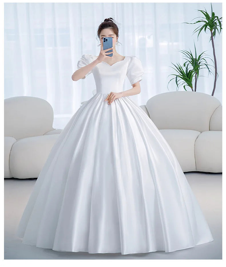 Satin Wedding Dress Sweetheart Short Sleeves Elegant Bride Ball Gown Custom Plus Size