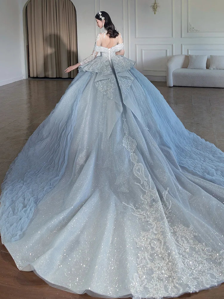 Off The Shoulder Shiny Embroidered Lace V Neck Vintage Bridal Ball Gown Dress