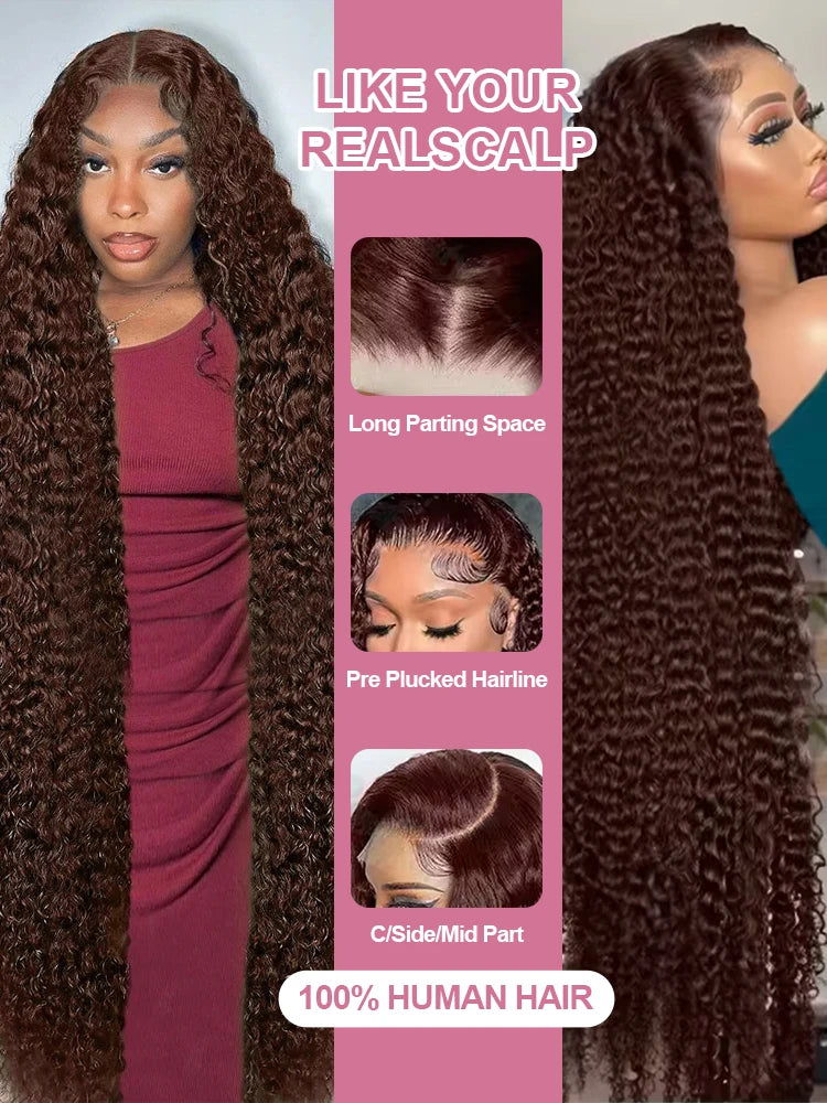 30 40 Inch Chocolate Brown Deep Wave 13x6 HD Lace Frontal Wig Human Hair Curly 13x4 Lace Front Wig Brazilian For Women 250%