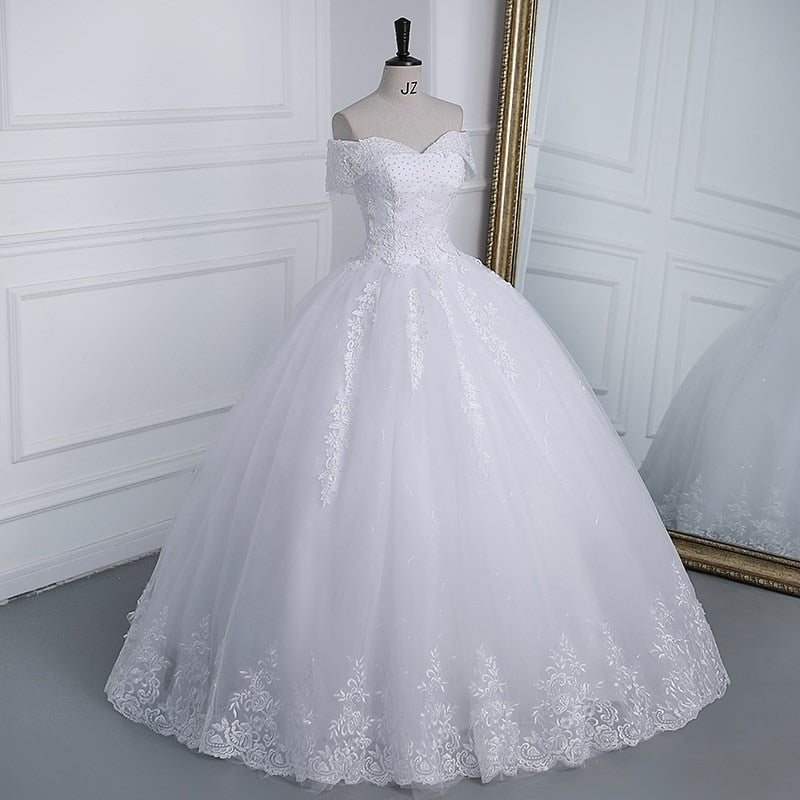 Off The Shoulder Plus Size Lace Wedding Dress Long Train Appliqes Pearls Bridal Tulle