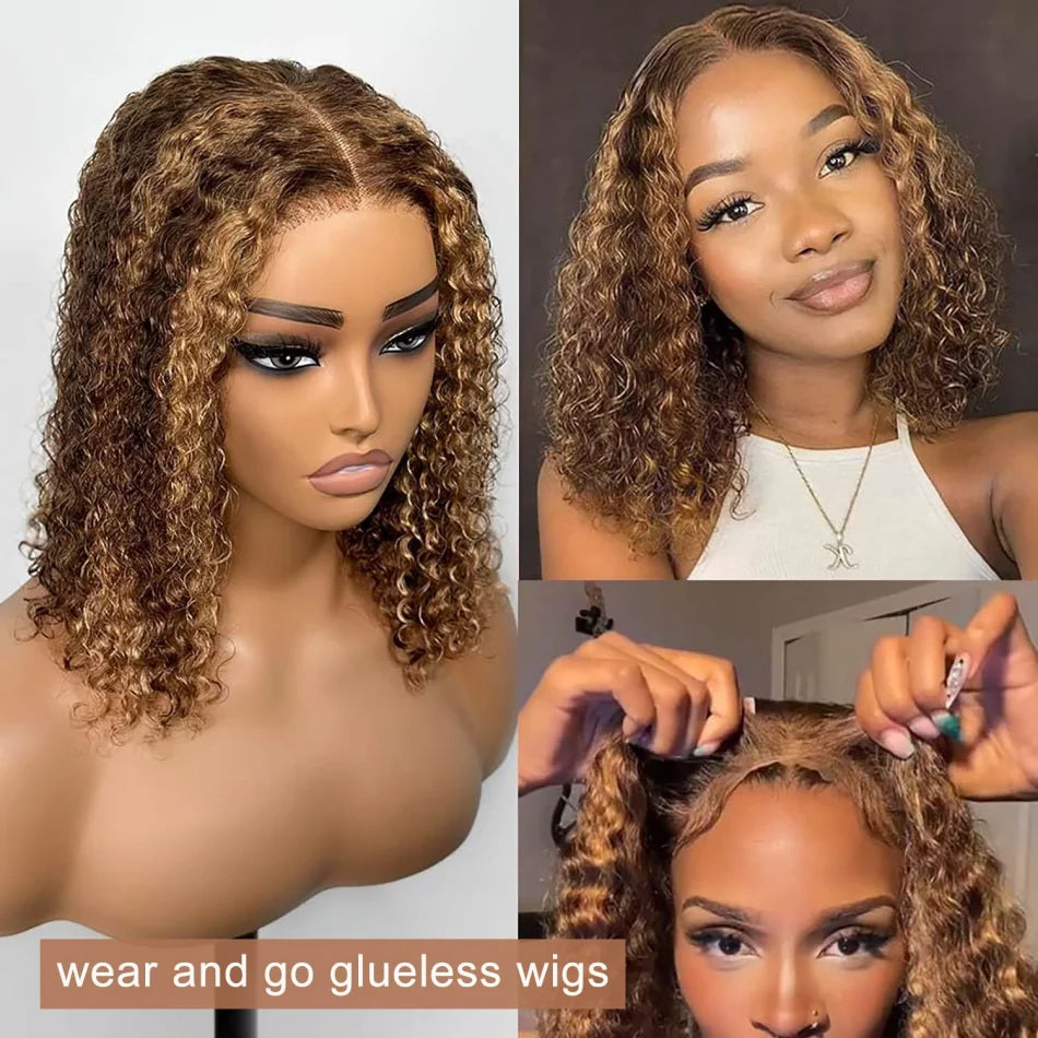 Bob Wig Human Hair 100% Highlight Ombre 5X5 Hd Lace Closure Wig Curly Short