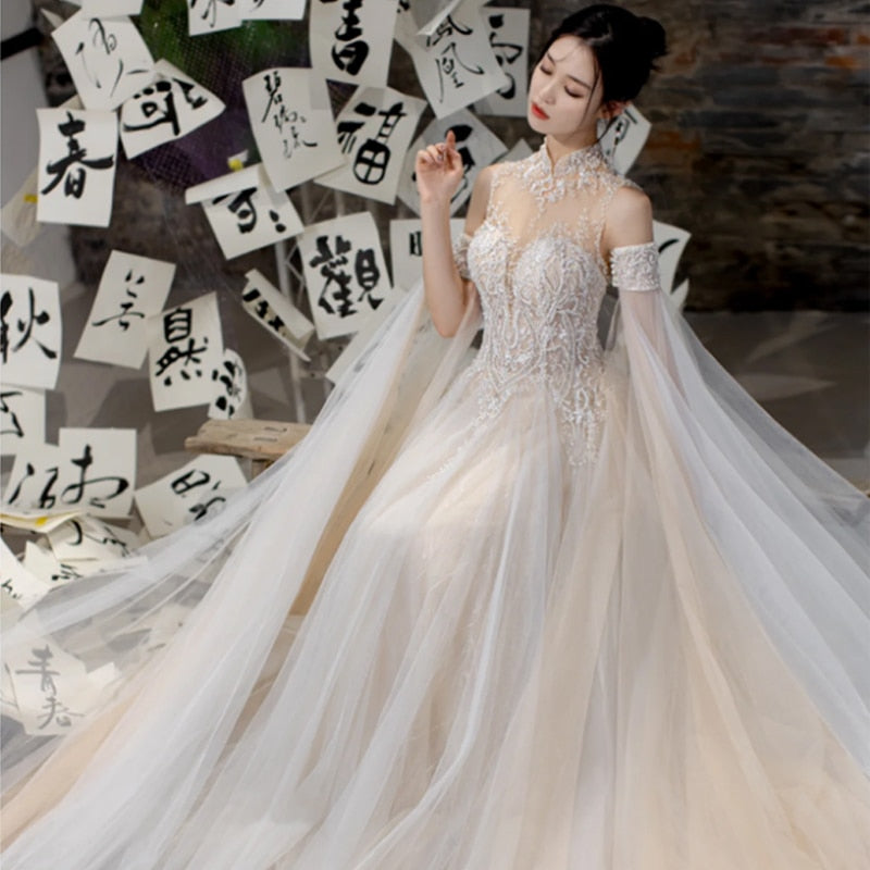 Wedding Dress French Style With Detachable Cap Luxury Embroidery Zipper With Buttones