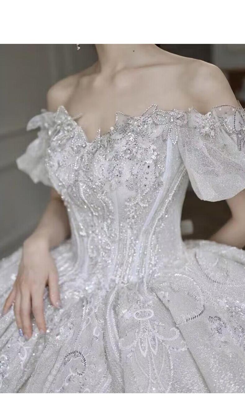 Bridal Dress Off The Shoulder Boat Neck With Bow Sequins Sweep Train