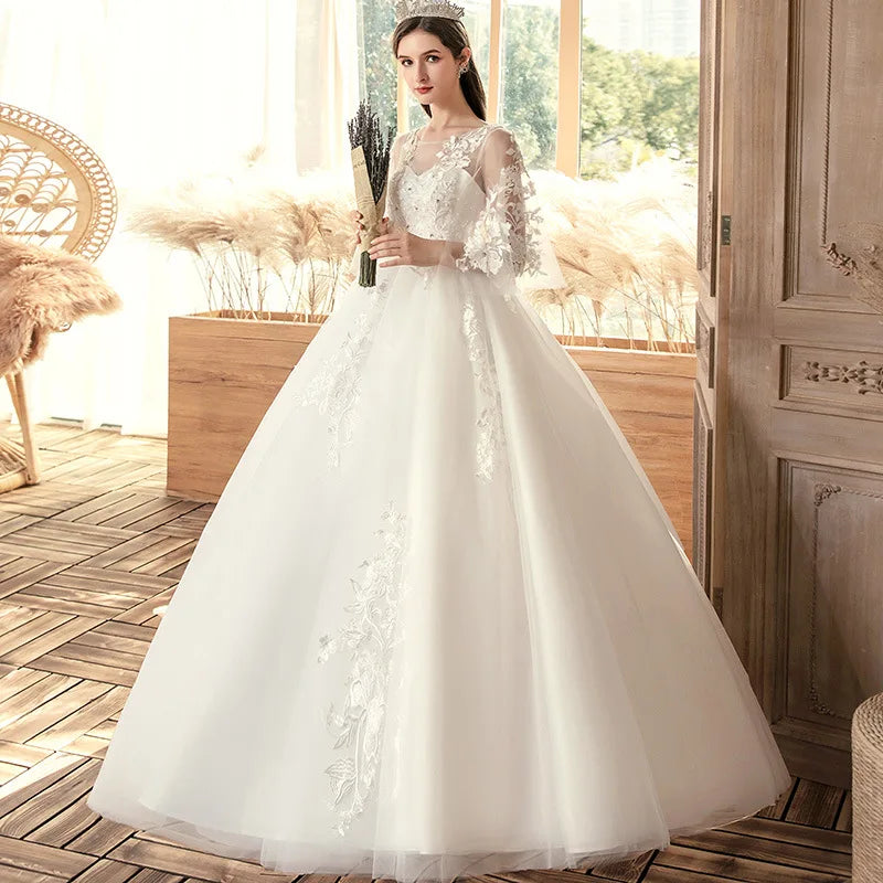 White Ball Gown Women Wedding Dresses Appliques Tulle Scoop Bridal Gowns