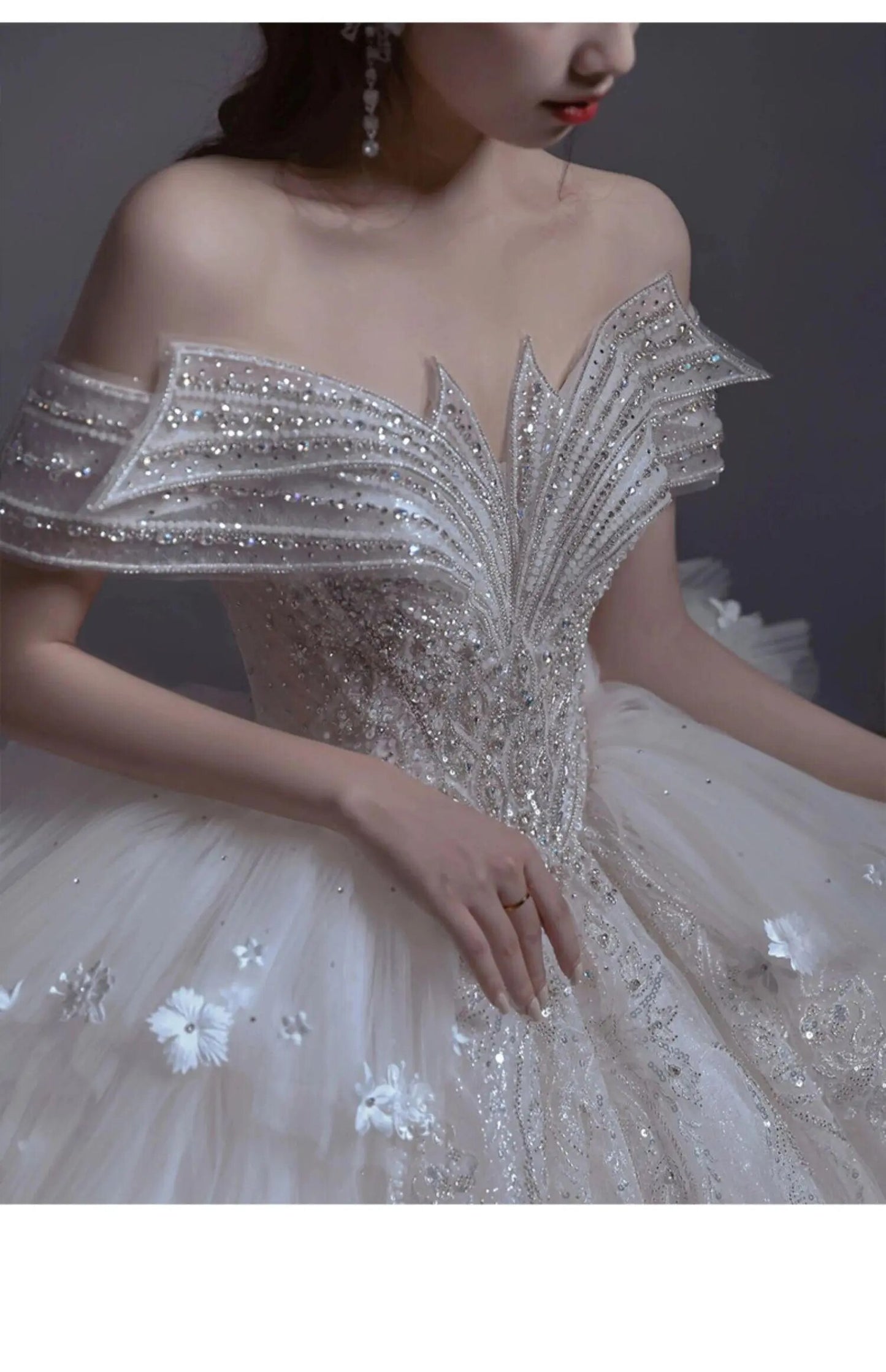 Floral Print Off The Shoulder Lace Luxury Wedding Dress