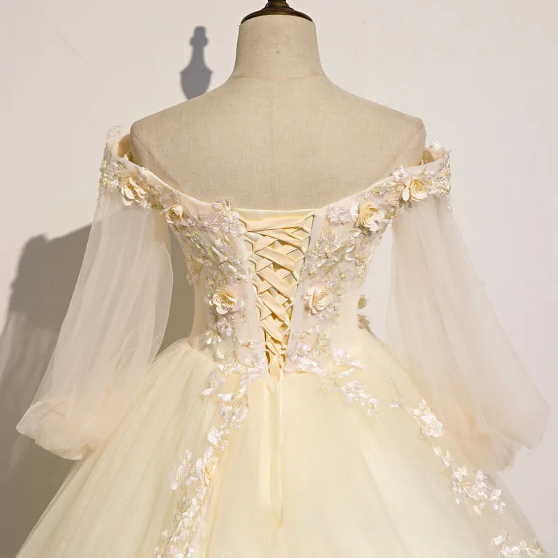 Champagne Ball Gown Women Quinceanera Dresses Appliques Flowers Quinceanera Dresses