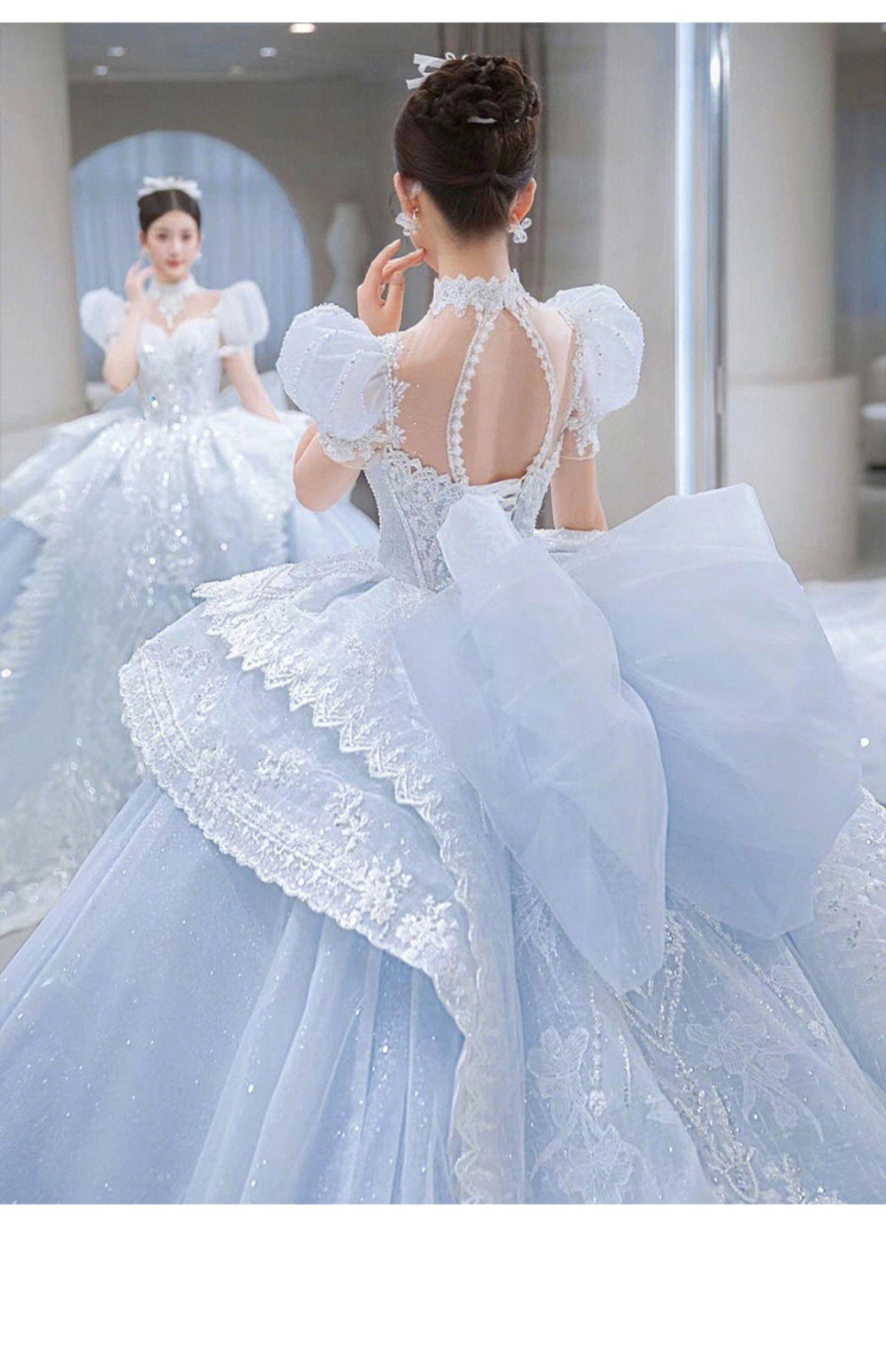 Snow Blue Princess Luxury Wedding Dress 2023 New O-neck Sexy Lace Up Applique Bridal Ball Gown Sweep