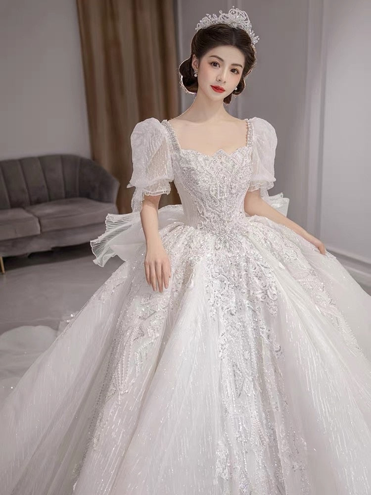 Luxury Wedding Dresses Shiny Big Beading Ball Gown With Long Train Bridal Dress Custom Made Plus Size Vestido De Noiva