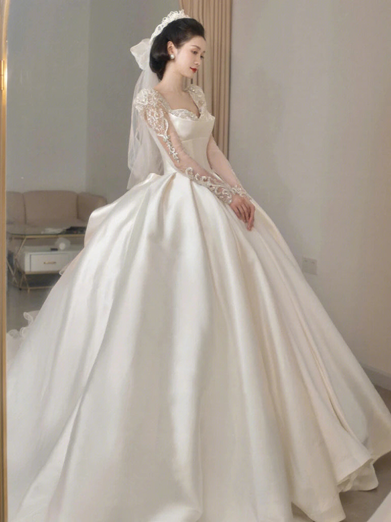 Satin O Neck Applique Sequined Beads Full Sleeve A Line Gowns