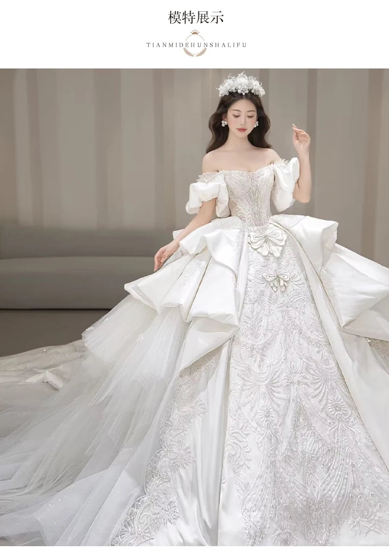 Off Shoulder Satin Gown Lace Embroidery