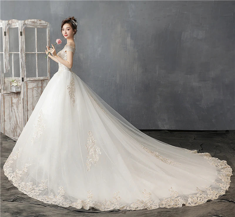 Simple Wedding Dress Off Shoulder Short Sleeve Floor or Train Wedding Gown Lace Applique Plus Size