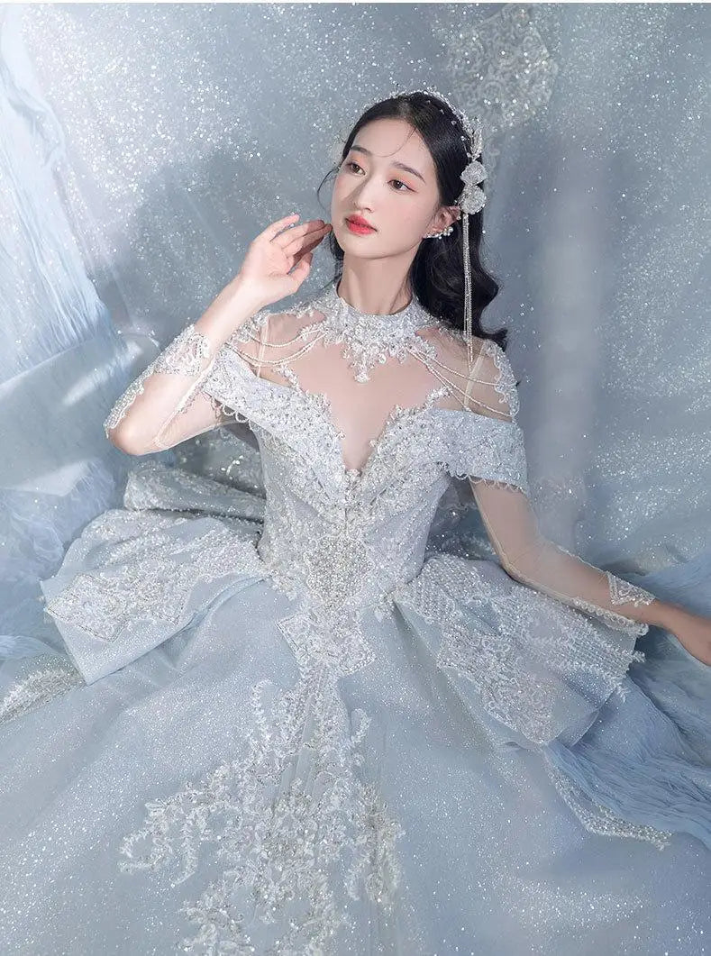 Off The Shoulder Shiny Embroidered Lace V Neck Vintage Bridal Ball Gown Dress