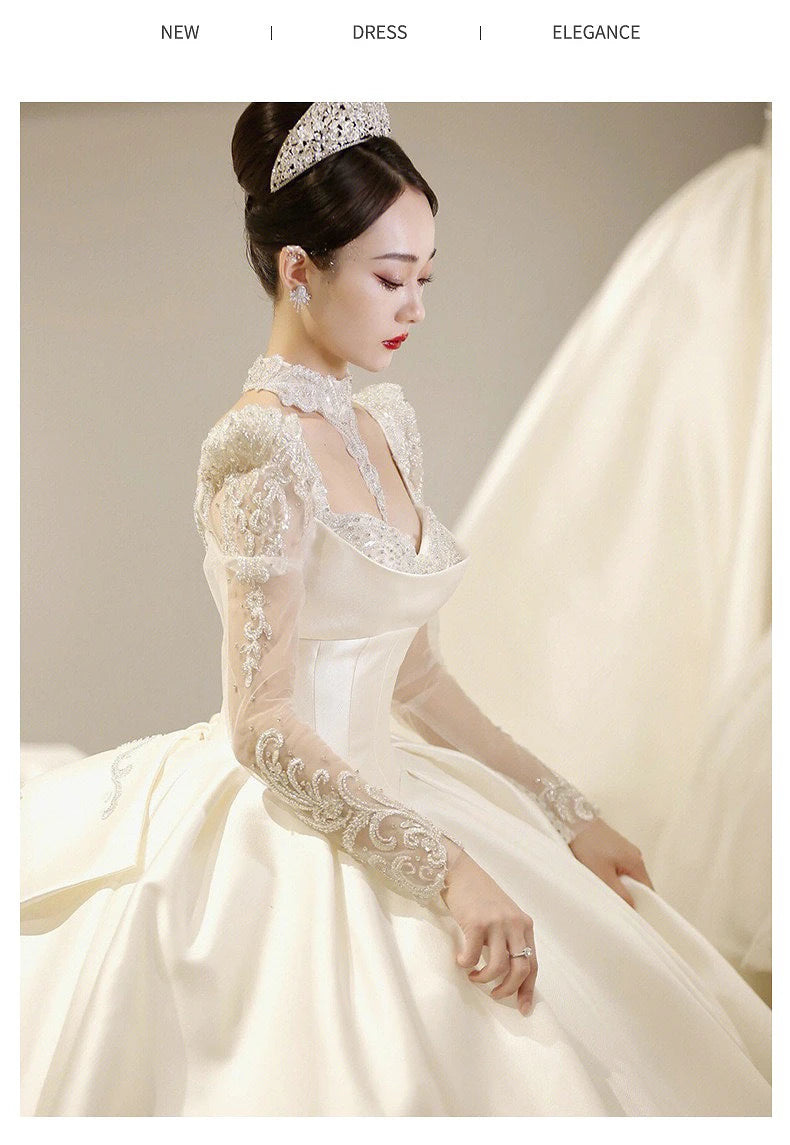 Satin O Neck Applique Sequined Beads Full Sleeve A Line Gowns