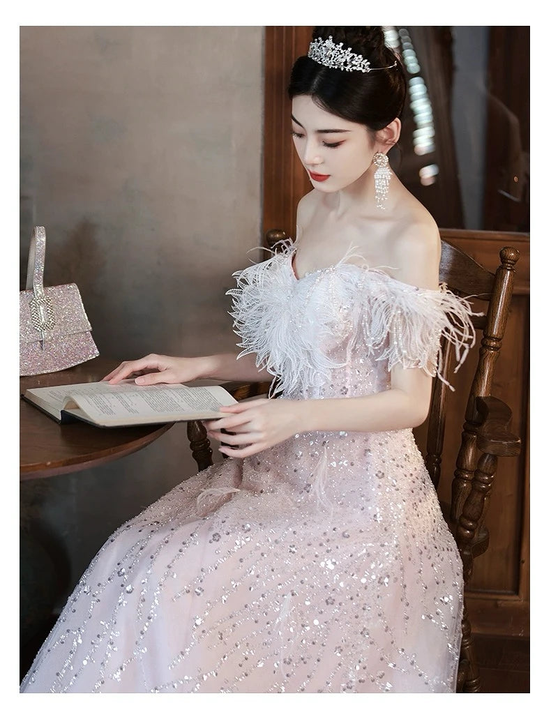 Pink Evening Dresses Off the Shoulder Lace-up Sequins Floor-Length A-line Sleeveless