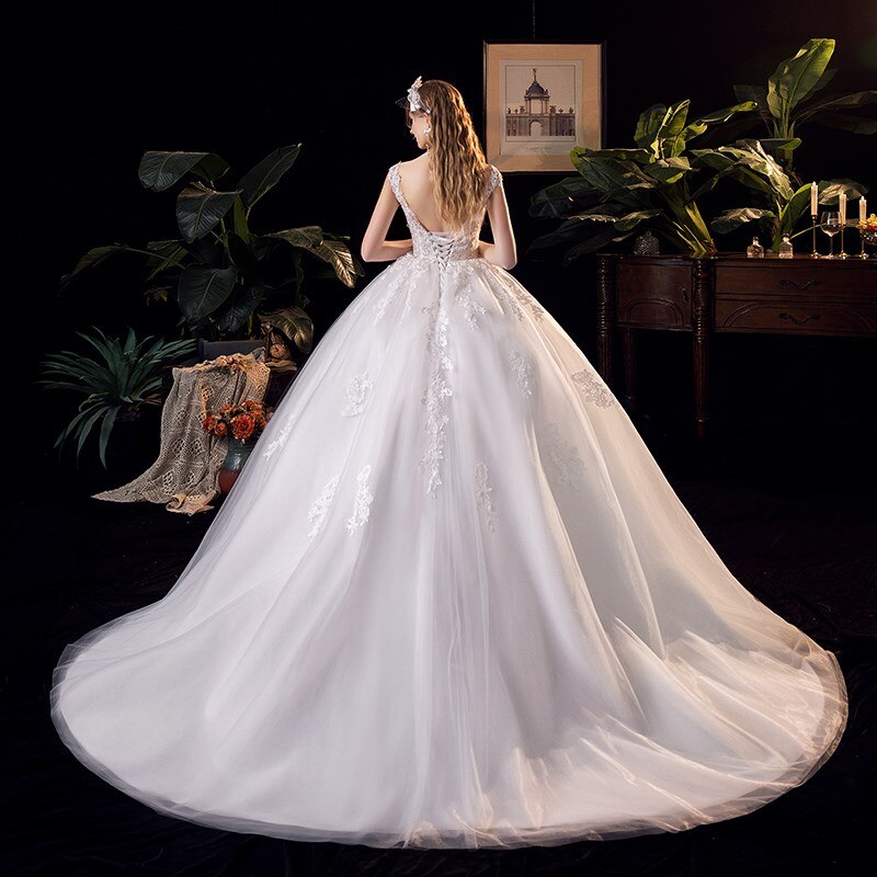 Lace V-neck Sweep Train Wedding Gowns Sleeveless Embroidery Bridal Dress