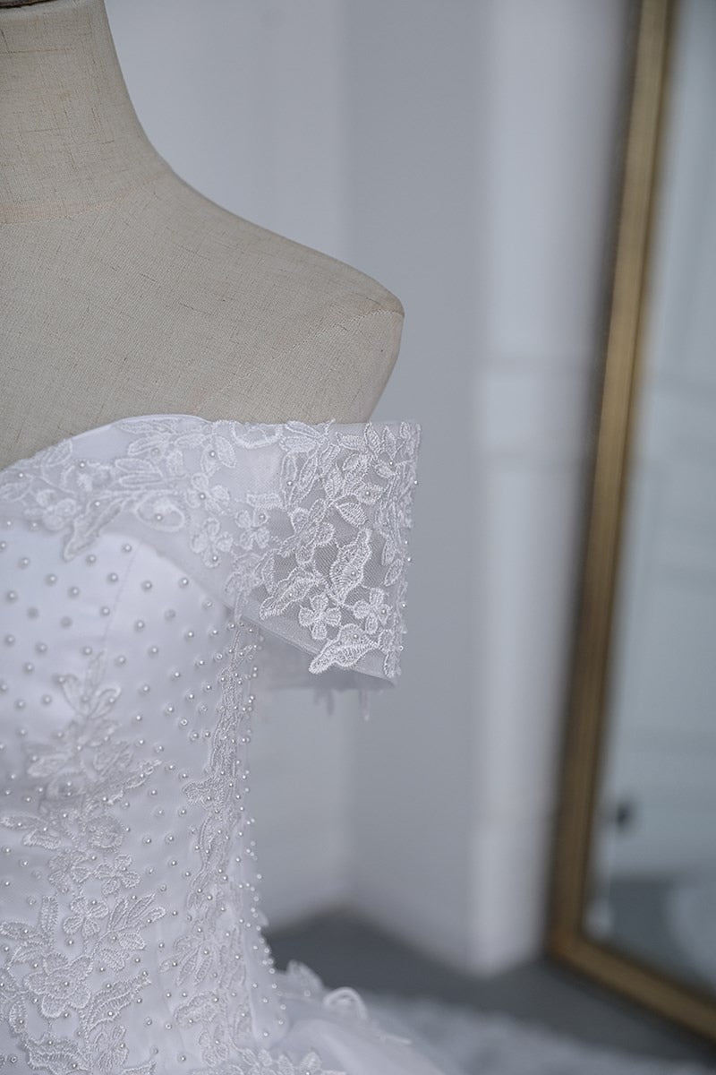 Off Shoulder Appliqes Pearls Long Train Bridal Gowns