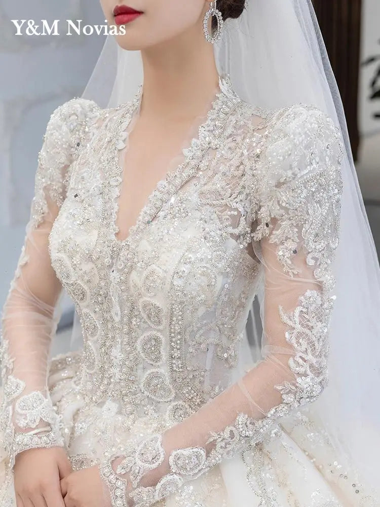 Luxury Bedading Long Sleeve Winter Wedding Dress V Neck