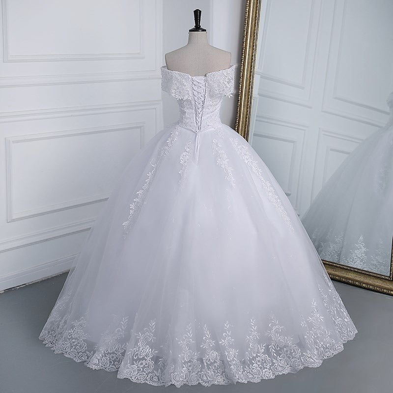 Off The Shoulder Plus Size Lace Wedding Dress Long Train Appliqes Pearls Bridal Tulle