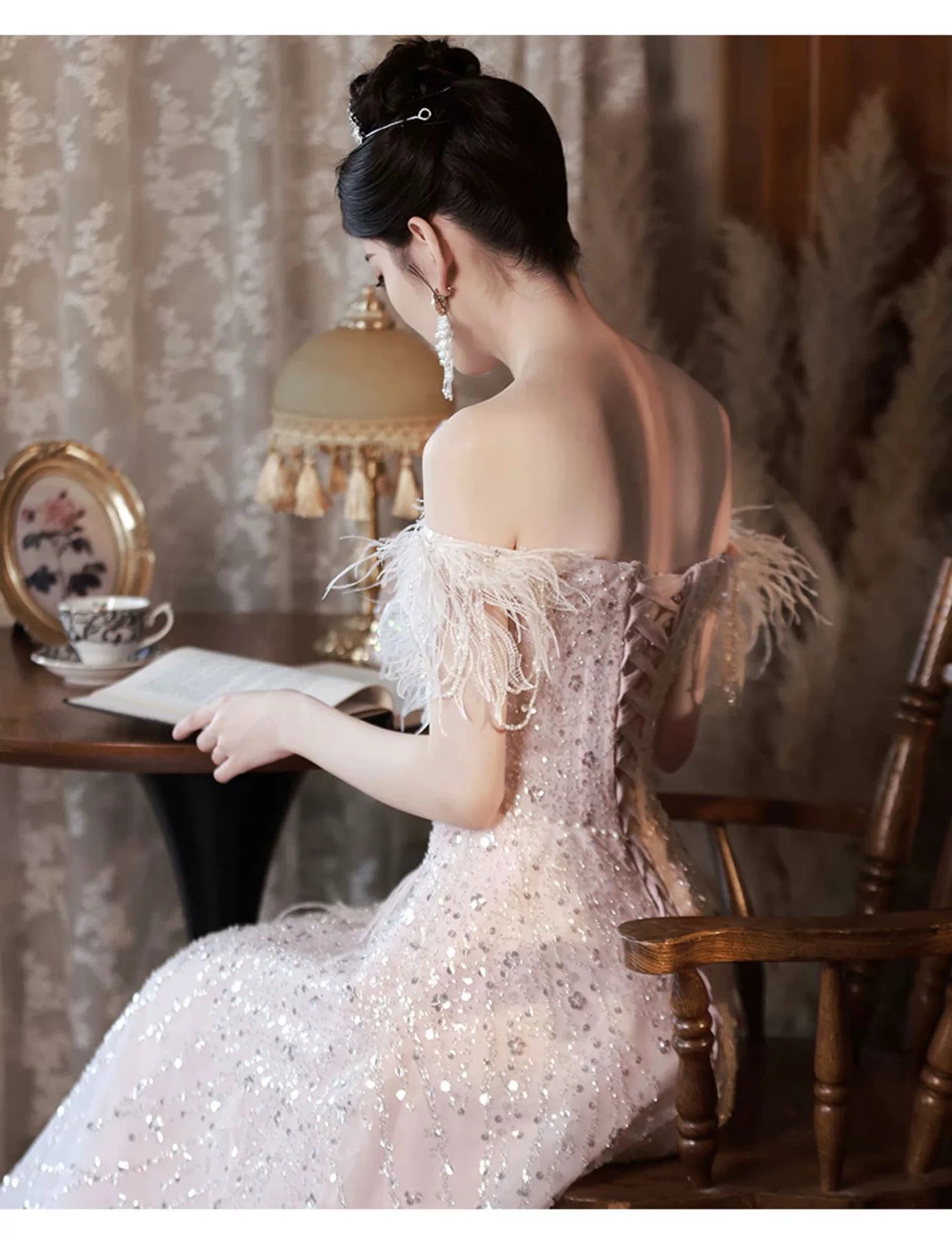 Pink Evening Dresses Off the Shoulder Lace-up Sequins Floor-Length A-line Sleeveless