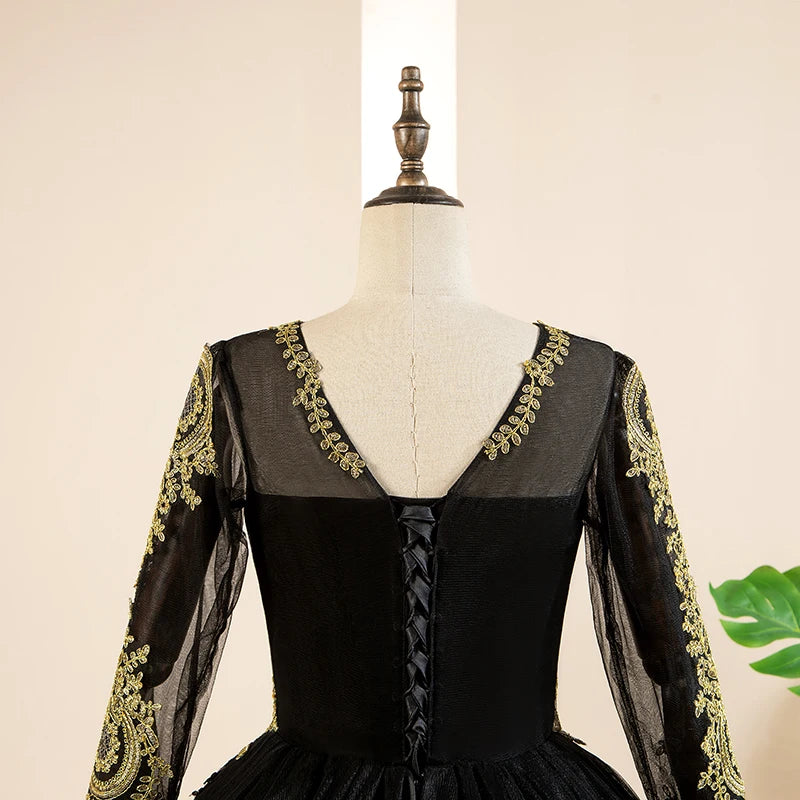 Long Sleeve Quinceanera Dresses Black With Gold Appliques Lace Prom Ball Gown