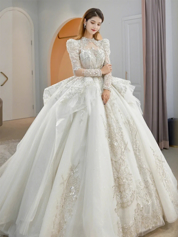 Winter Retro Vintage Wedding Dress For Bridals Long Sleeve Lace Appliques Beading Princess Ball Gown