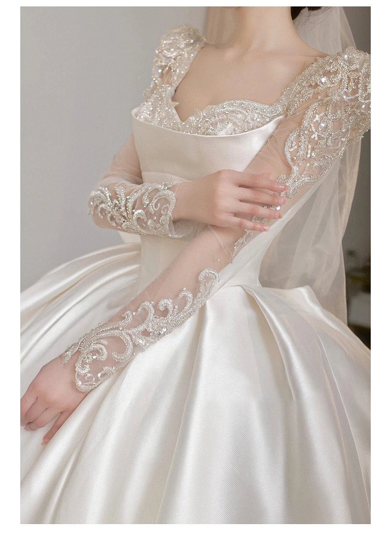 Satin O Neck Applique Sequined Beads Full Sleeve A Line Gowns