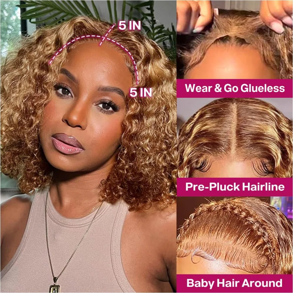 Bob Wig Human Hair 100% Highlight Ombre 5X5 Hd Lace Closure Wig Curly Short