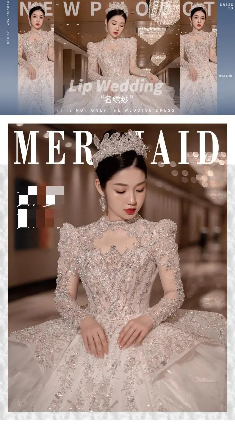 High Neck Long Sleeve Bead Bridal Gown Cathedral Train
