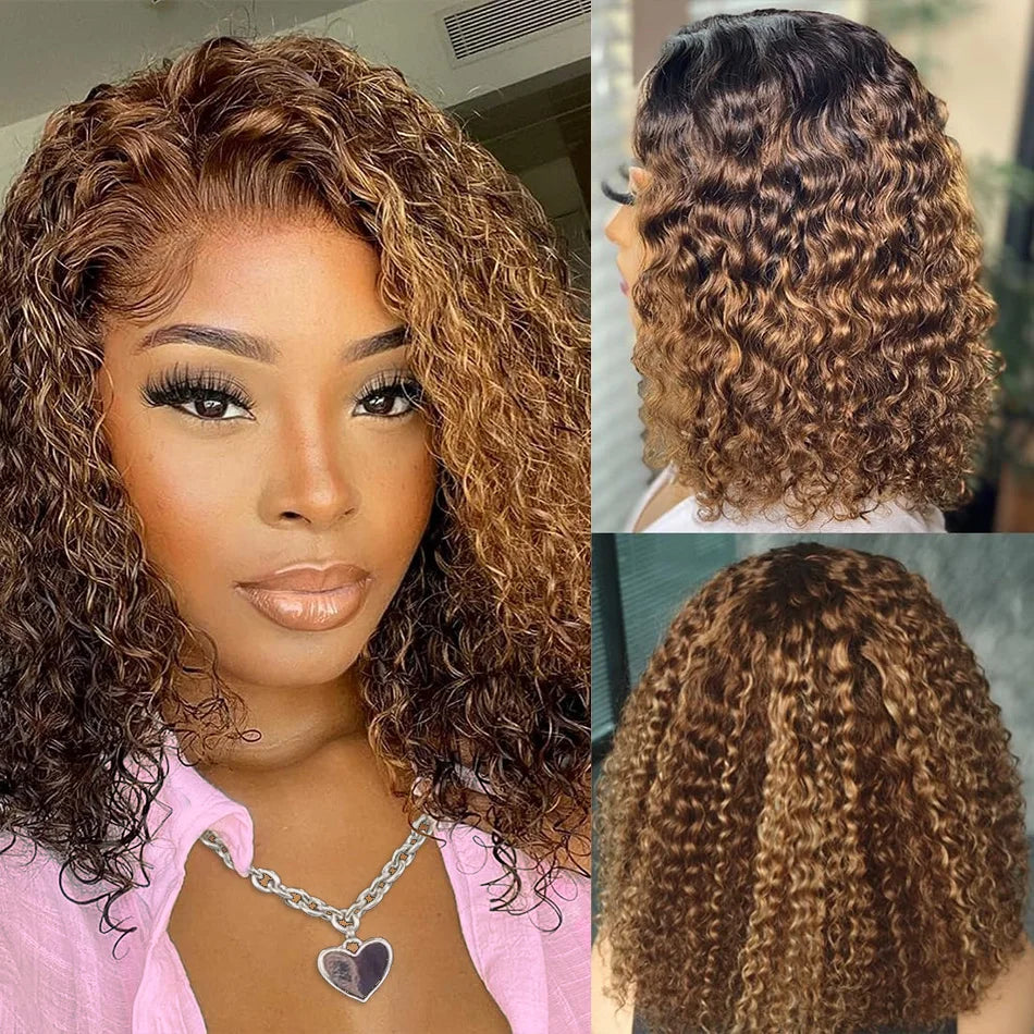 Bob Wig Human Hair 100% Highlight Ombre 5X5 Hd Lace Closure Wig Curly Short