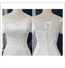 Load image into Gallery viewer, Lace Applique Wedding Dress Boat Neck Lace Up Short Sleeve Mermaid Bridal Dress
